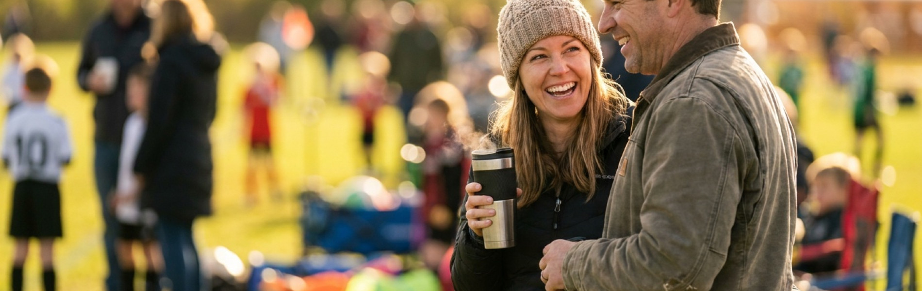 Twee ouders die glimlachend met elkaar praten langs een sportveld, op de achtergrond wazige spelende kinderen in de avondzon