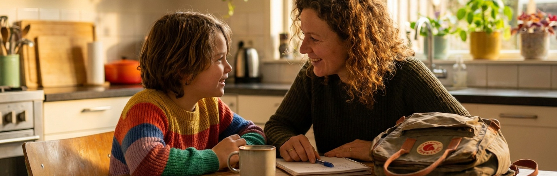 Een ouder en kind zitten samen aan de keukentafel met een schoolagenda en schooltas, in gesprek na de eerste schoolweek