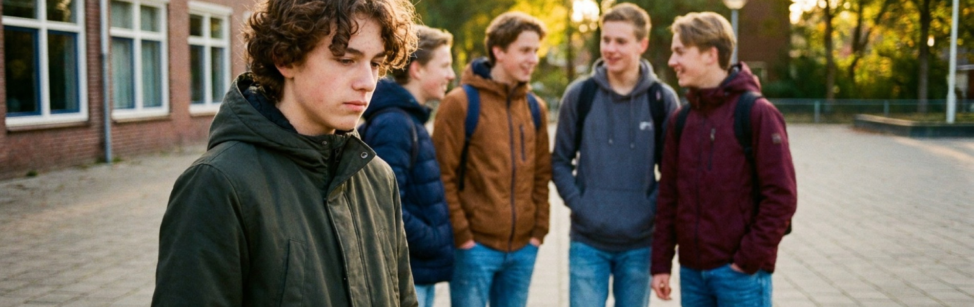 Een groepje pubers hangt buiten rond, terwijl een van hen er iets apart bij staat en nadenkend voor zich uit kijkt