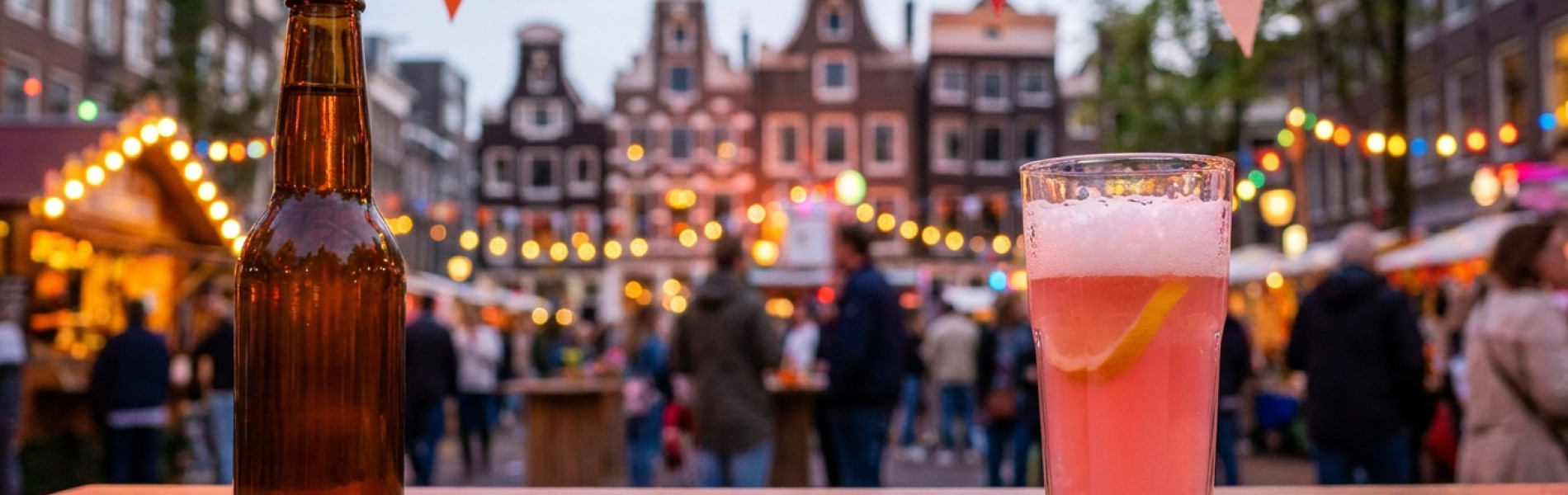 Een dicht flesje bier en een glas roze limonade op een tafel met confetti, met vlaggetjes en een feestelijke Hollandse binnenstad op de achtergrond
