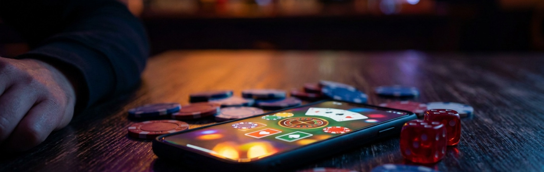 Een smartphone met een gokapp-scherm licht op in een donkere kamer, met pokerfiches en dobbelstenen ernaast op tafel, symbool voor onlinegokken onder jongeren.
