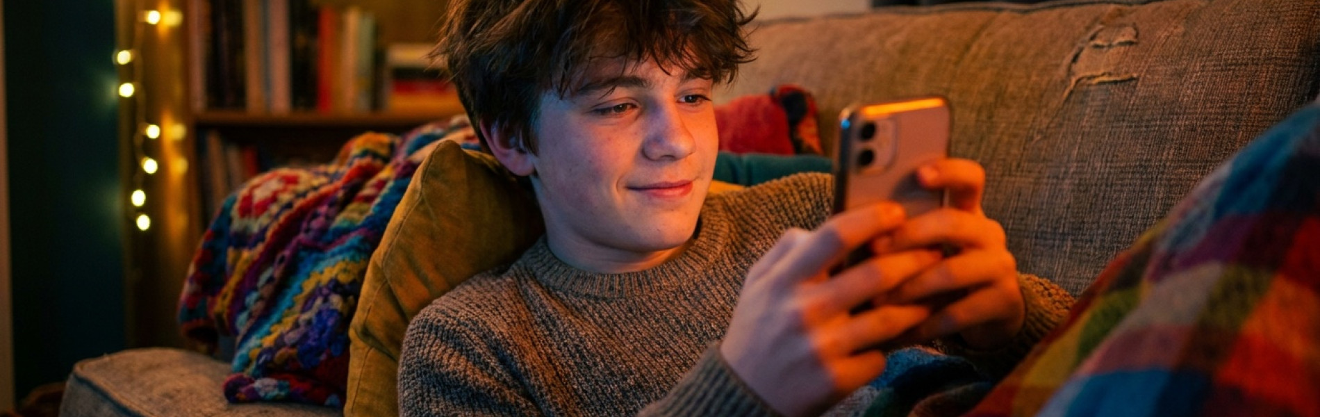 Tiener kijkt geconcentreerd naar een chatgesprek op een smartphone, warm licht in een huiskamer