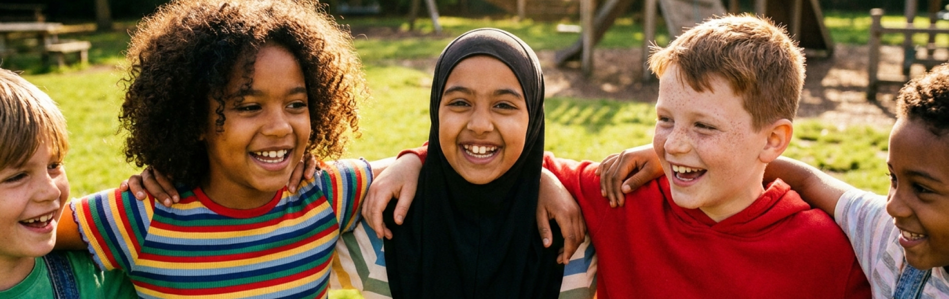 Groep kinderen die lachend samen buiten spelen, arm om elkaars schouder