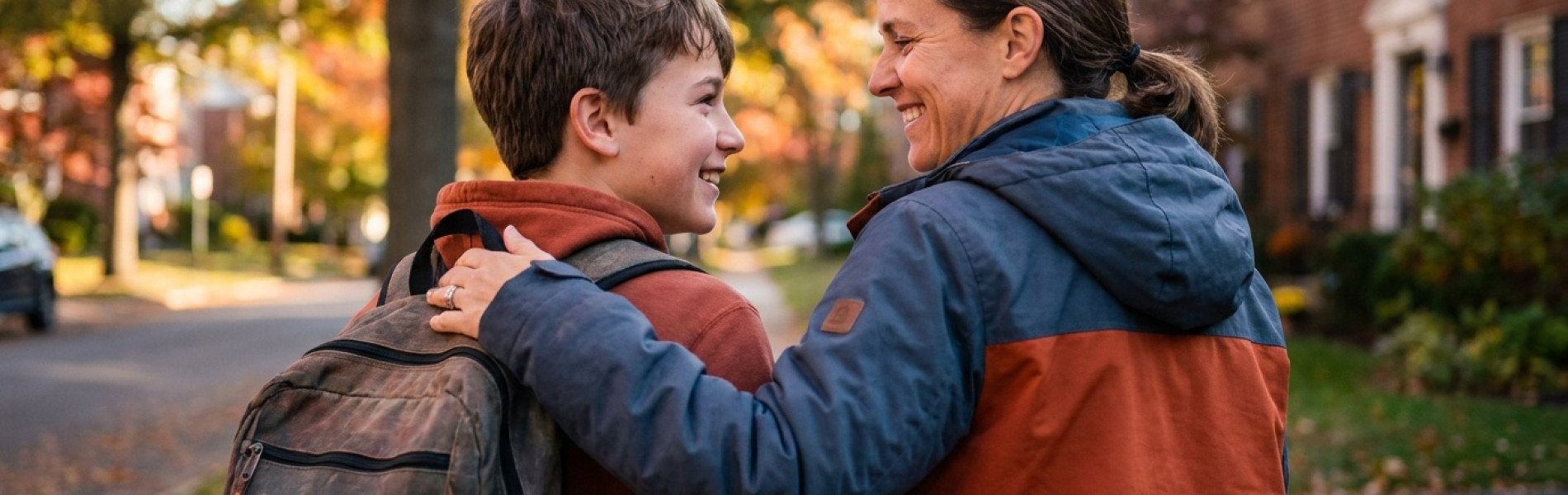 Ouder en kind lopen samen lachend naar school met schooltas, symbool voor de overstap naar de brugklas