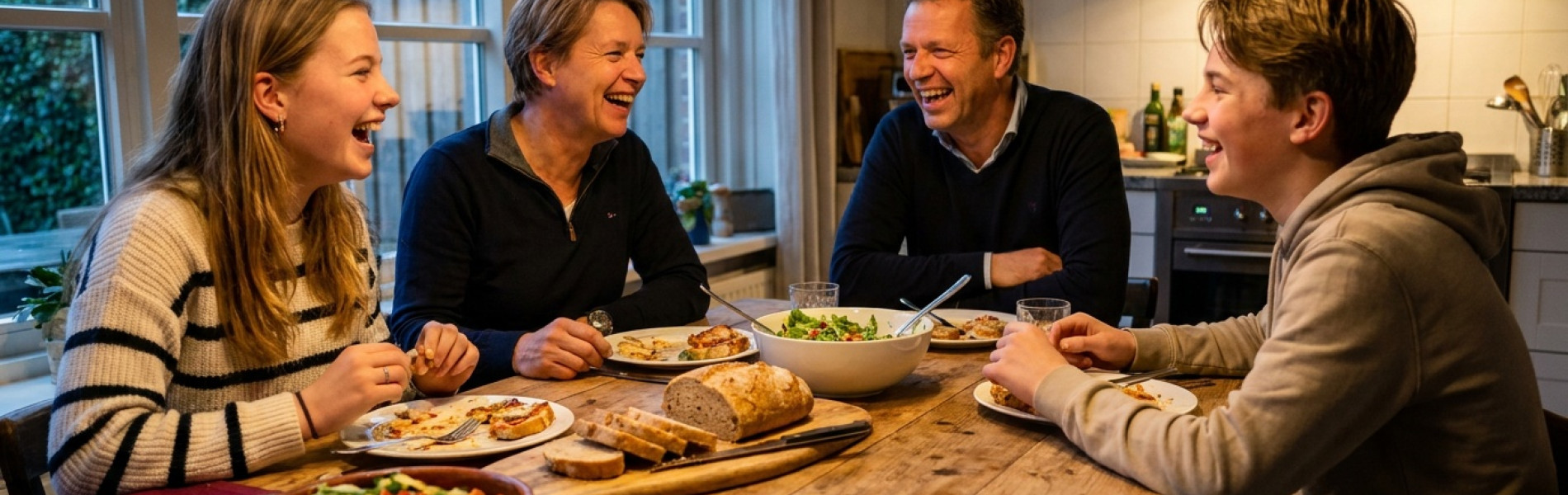 Gezin met een tiener zit lachend samen aan de keukentafel tijdens het avondeten