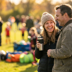 Twee ouders die glimlachend met elkaar praten langs een sportveld, op de achtergrond wazige spelende kinderen in de avondzon