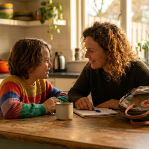 Een ouder en kind zitten samen aan de keukentafel met een schoolagenda en schooltas, in gesprek na de eerste schoolweek