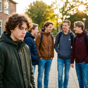 Een groepje pubers hangt buiten rond, terwijl een van hen er iets apart bij staat en nadenkend voor zich uit kijkt