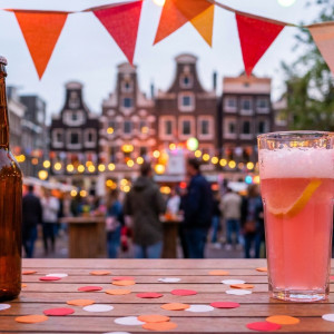 Een dicht flesje bier en een glas roze limonade op een tafel met confetti, met vlaggetjes en een feestelijke Hollandse binnenstad op de achtergrond
