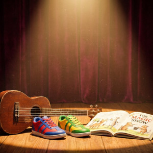 Een felle spotlight die een lichtcirkel werpt op een klein houten podium, met daarop een ukelele, een paar dansschoenen en een open kinderboek