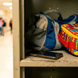 Een smartphone met het scherm naar beneden in een open schoolkluisje, naast een gymtas en een broodtrommel