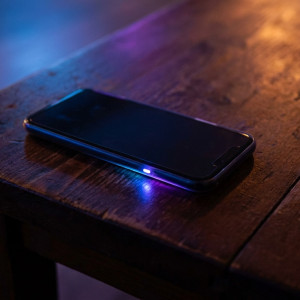 Close-up van een smartphone die in het donker op een tafel ligt, met het scherm oplichtend door binnenkomende berichten