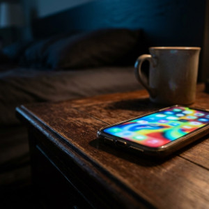 Een smartphone met een fel oplichtend scherm in een donkere kamer, symbool voor laat schermgebruik door pubers.