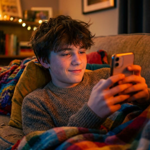 Tiener kijkt geconcentreerd naar een chatgesprek op een smartphone, warm licht in een huiskamer