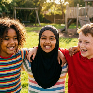 Groep kinderen die lachend samen buiten spelen, arm om elkaars schouder