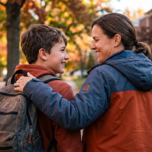 Ouder en kind lopen samen lachend naar school met schooltas, symbool voor de overstap naar de brugklas