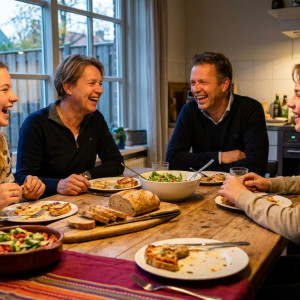 Gezin met een tiener zit lachend samen aan de keukentafel tijdens het avondeten